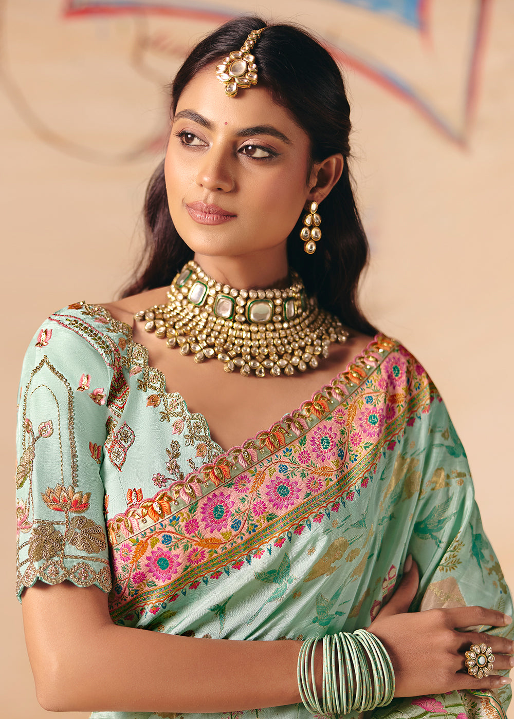 Buy Now Mint Green Dola Silk Indina Handloom Weaving Saree Online in US, UK, Canada, France, Germany, Denmark, Sweden, UAE, Greece, Italy & Worldwide at Empress