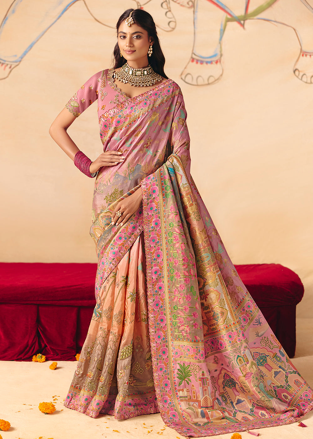 Buy Now Peach Dola Silk Indina Handloom Weaving Saree Online in US, UK, Canada, France, Germany, Denmark, Sweden, UAE, Greece, Italy & Worldwide at Empress.