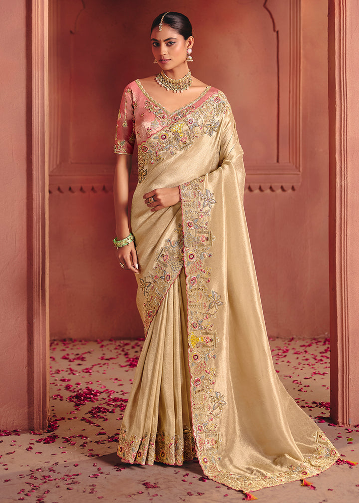 Buy Now Cream Designer Style Embroidered Wedding Saree Online in US, UK, Canada, France, Germany, Denmark, Netherland, Sweden, UAE, Italy & Worldwide at Empress.