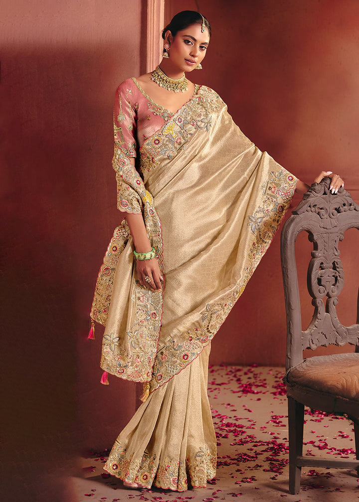 Buy Now Cream Designer Style Embroidered Wedding Saree Online in US, UK, Canada, France, Germany, Denmark, Netherland, Sweden, UAE, Italy & Worldwide at Empress.