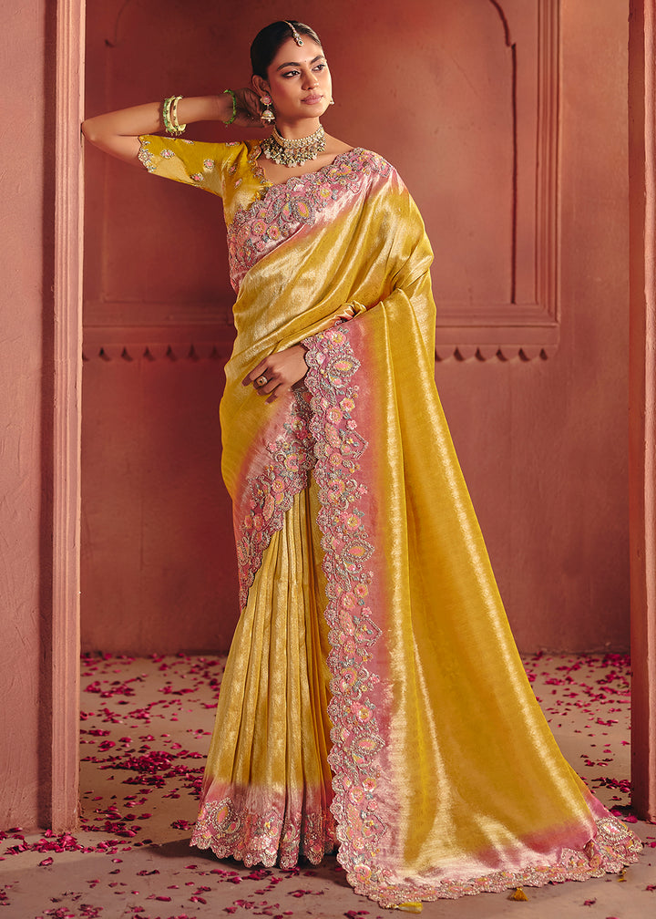 Buy Now Yellow Designer Style Embroidered Wedding Saree Online in US, UK, Canada, France, Germany, Denmark, Netherland, Sweden, UAE & Worldwide at Empress.