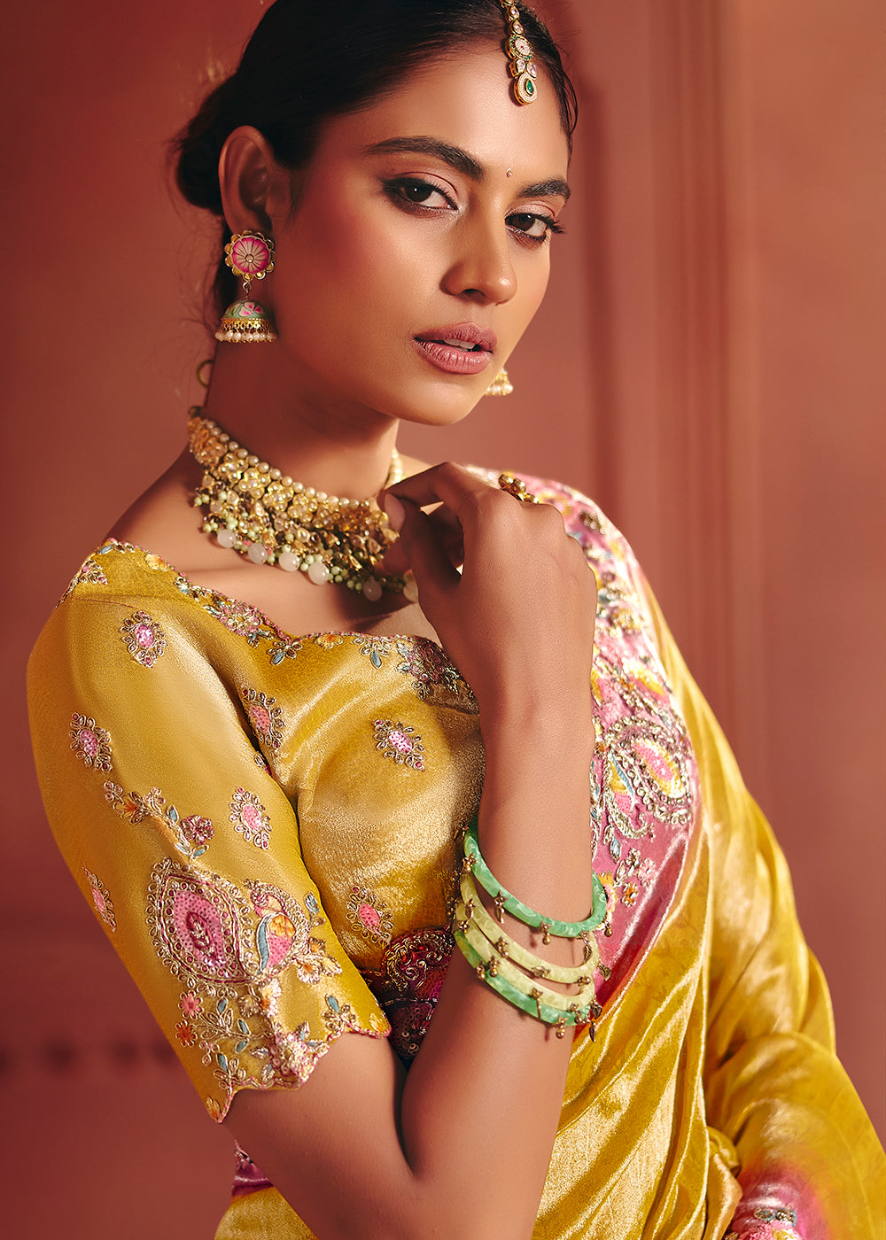 Buy Now Yellow Designer Style Embroidered Wedding Saree Online in US, UK, Canada, France, Germany, Denmark, Netherland, Sweden, UAE & Worldwide at Empress.