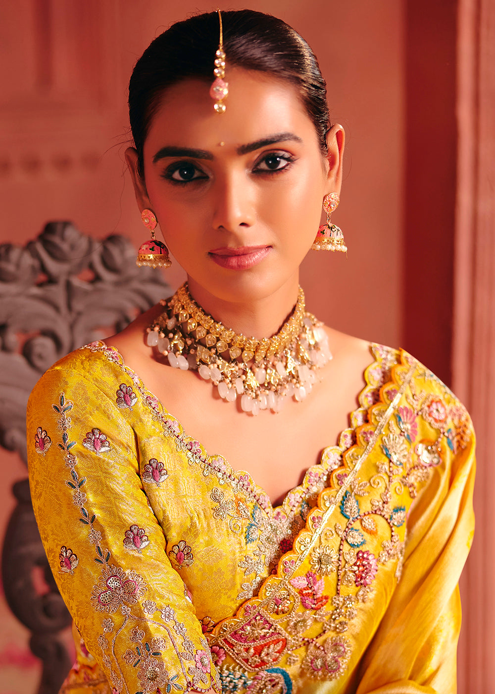 Buy Now Yellow Designer Style Embroidered Wedding Saree Online in US, UK, Canada, France, Germany, Denmark, Netherland, Sweden, UAE & Worldwide at Empress.