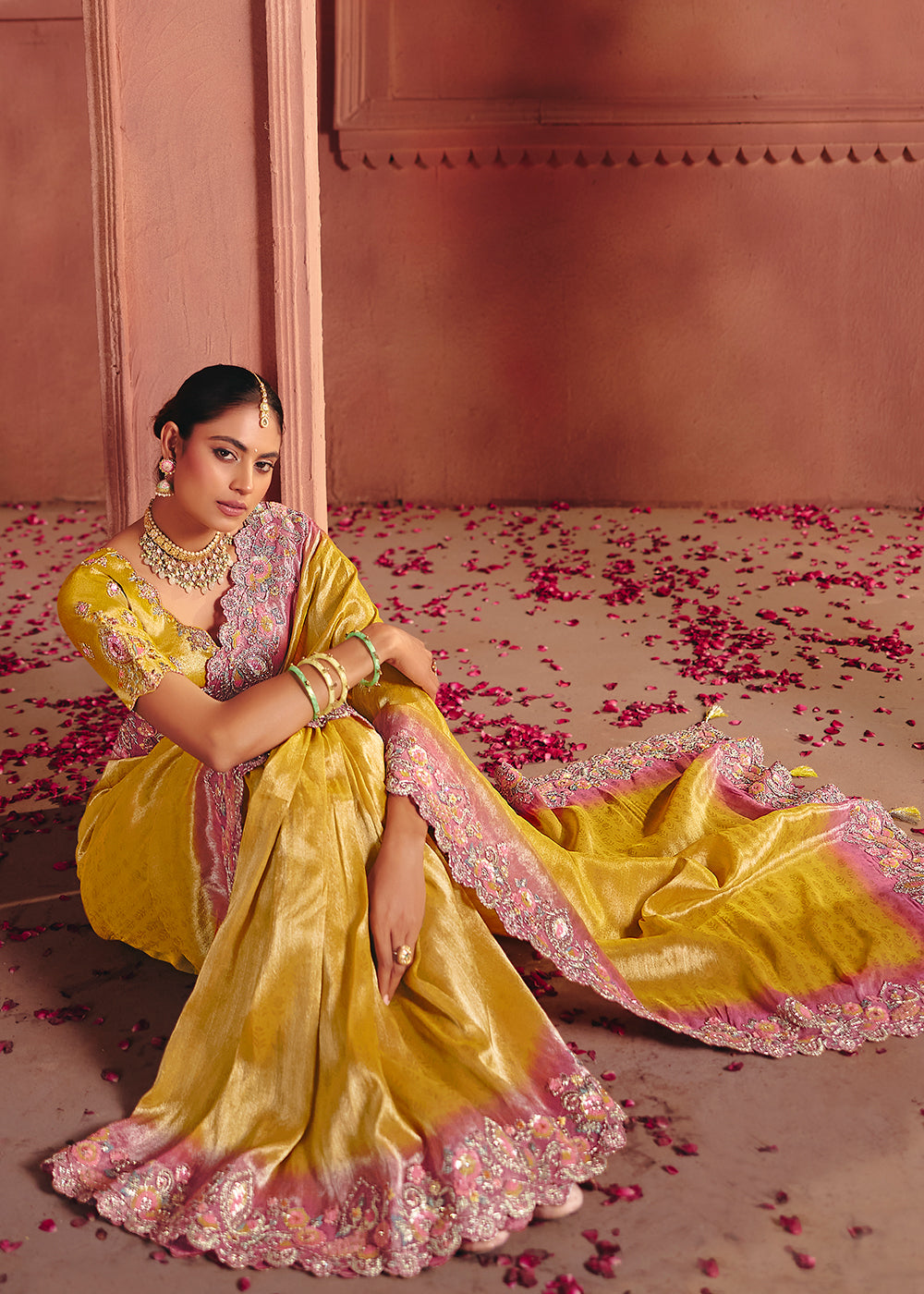 Buy Now Yellow Designer Style Embroidered Wedding Saree Online in US, UK, Canada, France, Germany, Denmark, Netherland, Sweden, UAE & Worldwide at Empress.