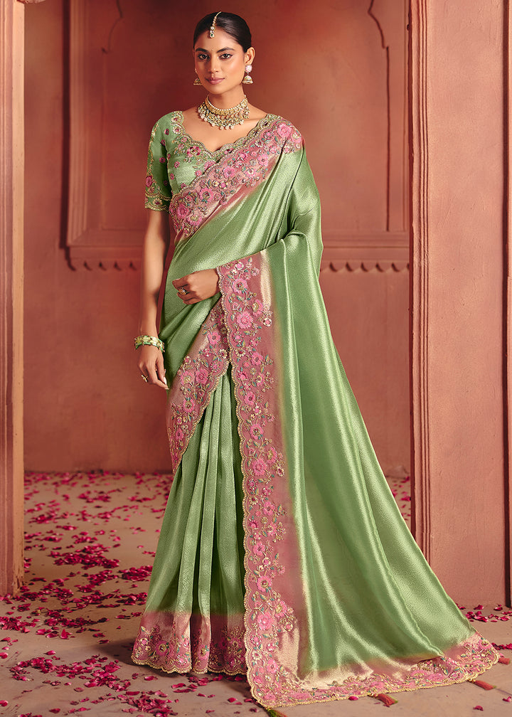 Buy Now Mint Green Designer Style Embroidered Wedding Saree Online in US, UK, Canada, France, Germany, Denmark, Netherland, Sweden, UAE & Worldwide at Empress.