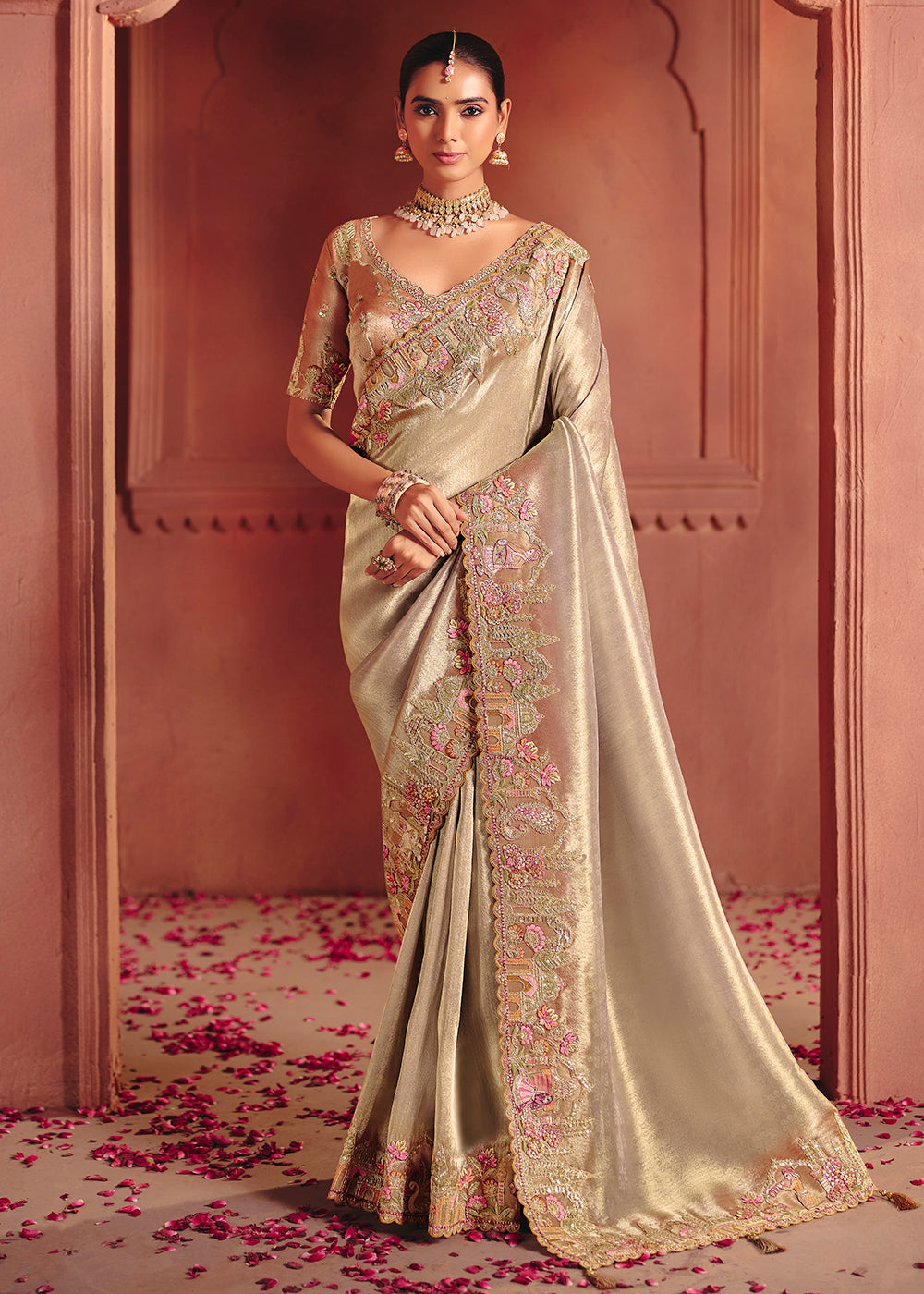 Buy Now Ivory Designer Style Embroidered Wedding Saree Online in US, UK, Canada, France, Germany, Denmark, Netherland, Sweden, UAE & Worldwide at Empress.