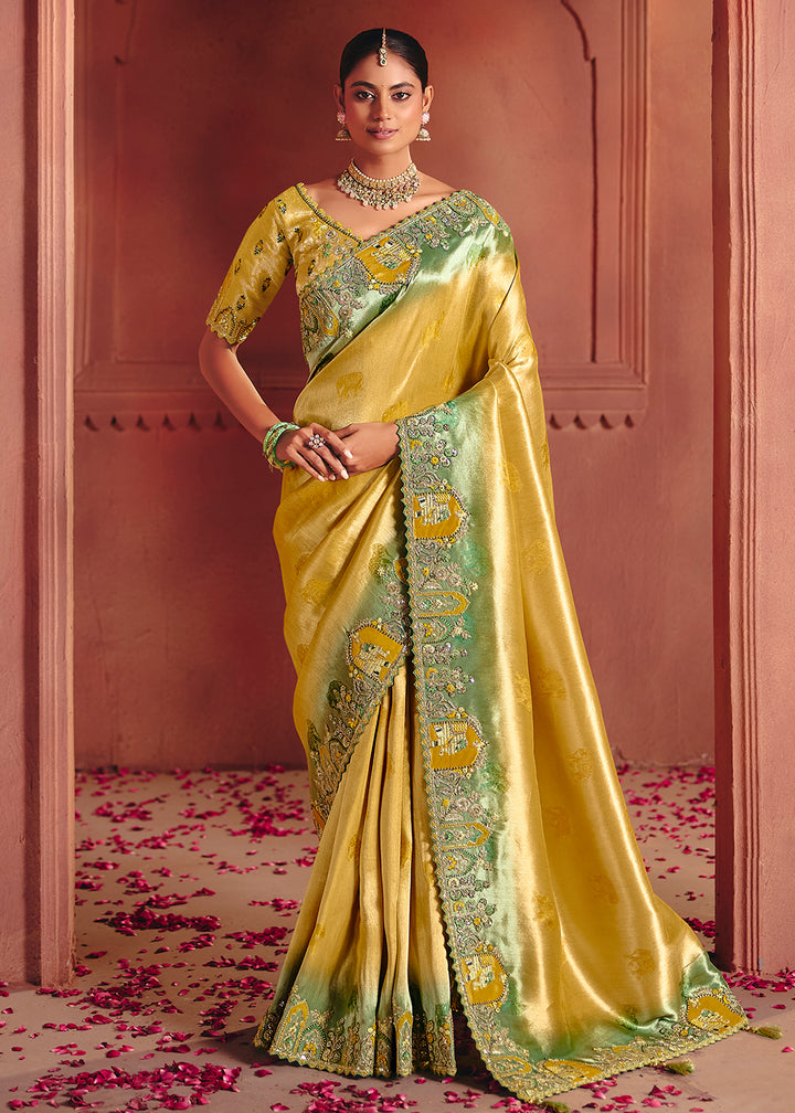 Buy Now Lemon Yellow Designer Style Embroidered Wedding Saree Online in US, UK, Canada, France, Germany, Denmark, Netherland, Sweden, UAE & Worldwide at Empress