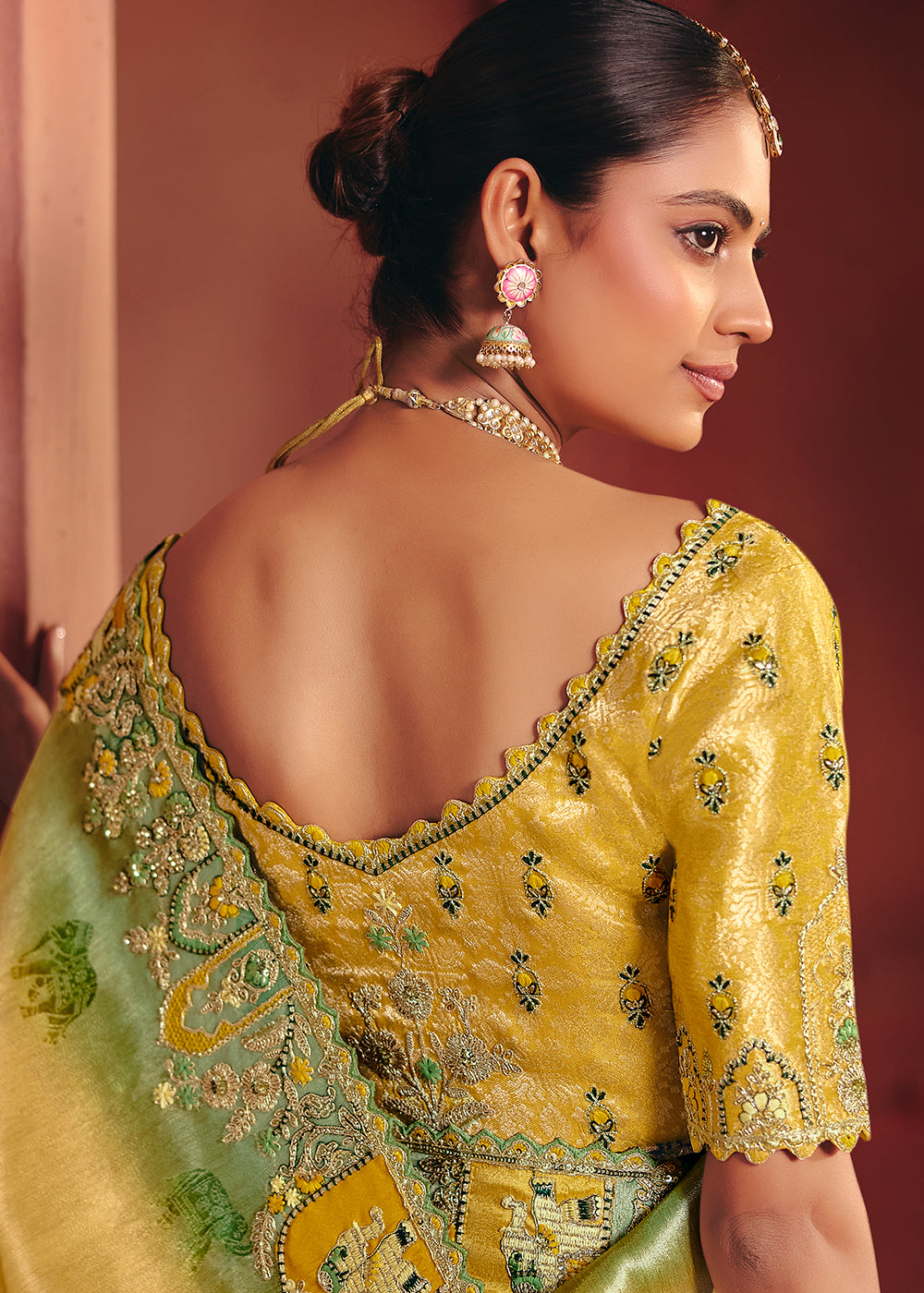 Buy Now Lemon Yellow Designer Style Embroidered Wedding Saree Online in US, UK, Canada, France, Germany, Denmark, Netherland, Sweden, UAE & Worldwide at Empress