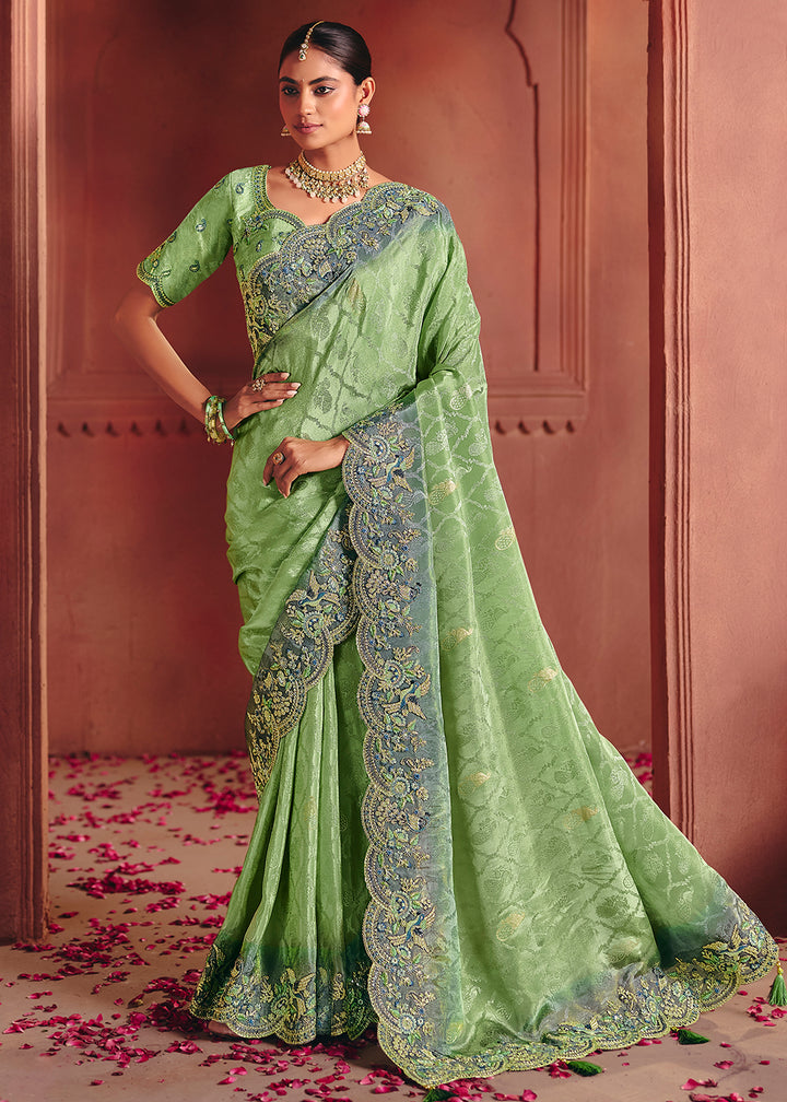 Buy Now Green Designer Style Embroidered Wedding Saree Online in US, UK, Canada, France, Germany, Denmark, Netherland, Sweden, UAE & Worldwide at Empress.