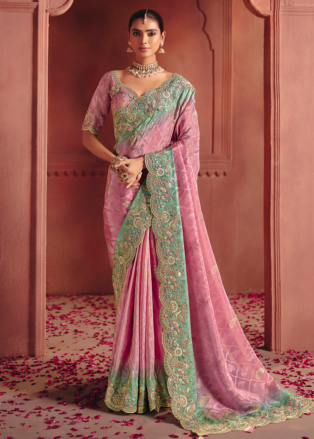 Buy Now Carnation Pink Designer Style Embroidered Wedding Saree Online in US, UK, Canada, France, Germany, Denmark, Netherland, Sweden, & Worldwide at Empress.