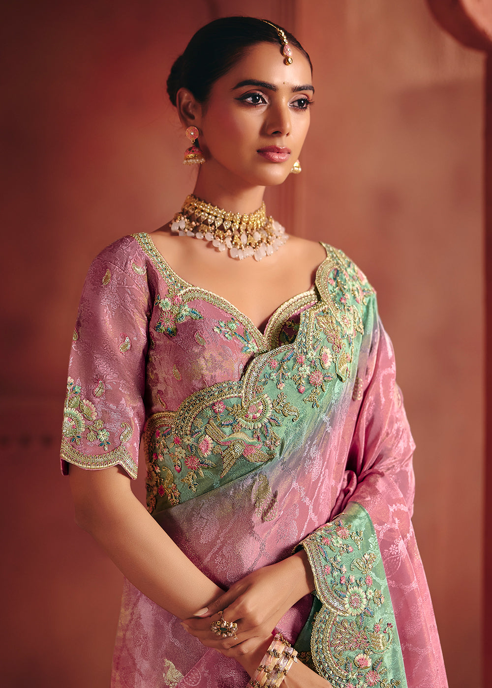 Buy Now Carnation Pink Designer Style Embroidered Wedding Saree Online in US, UK, Canada, France, Germany, Denmark, Netherland, Sweden, & Worldwide at Empress.