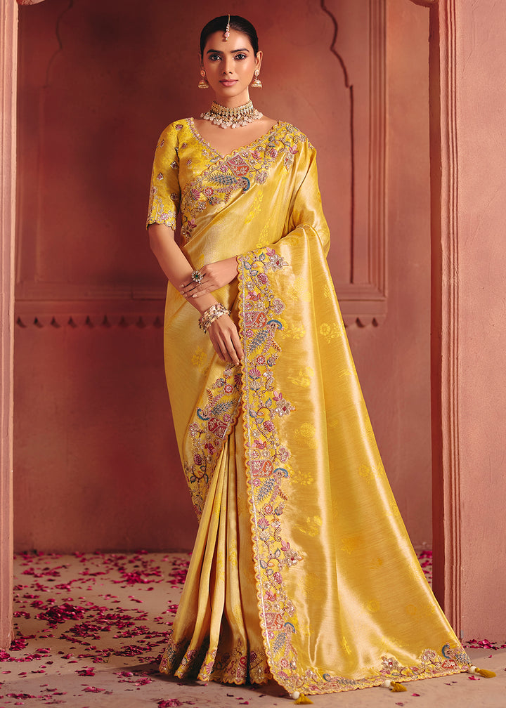Buy Now Yellow Designer Style Embroidered Wedding Saree Online in US, UK, Canada, France, Germany, Denmark, Netherland, Sweden, UAE & Worldwide at Empress.