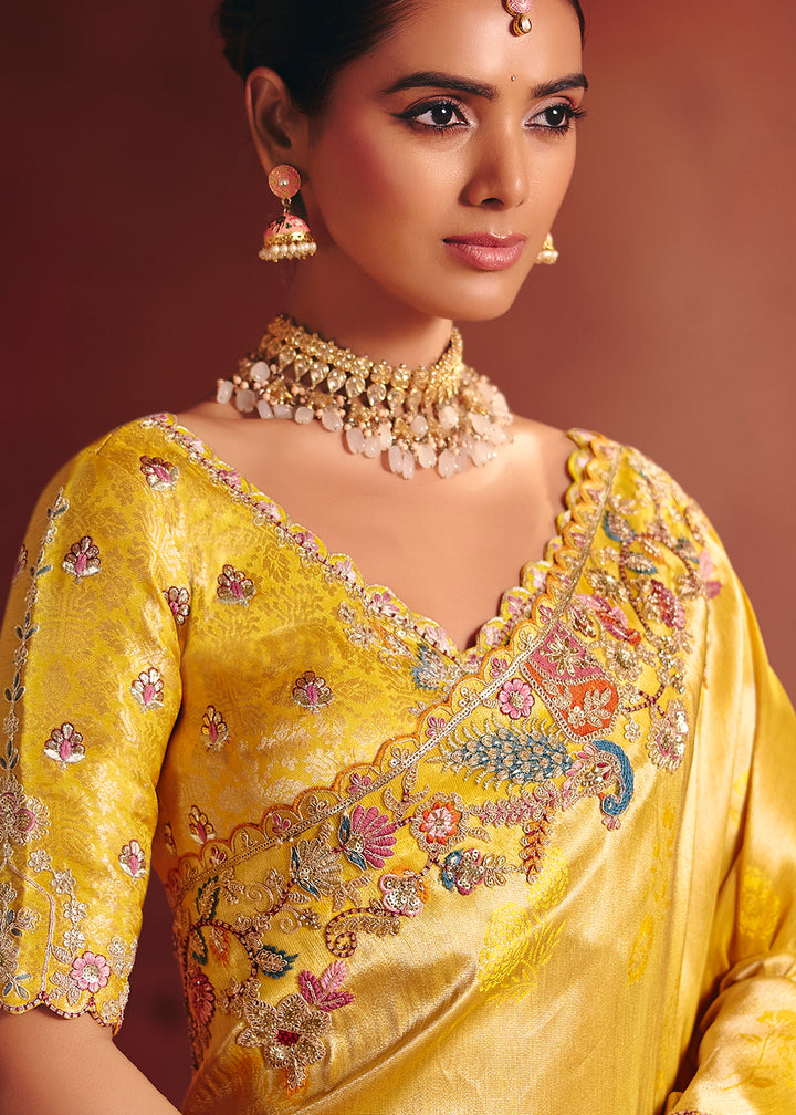 Buy Now Yellow Designer Style Embroidered Wedding Saree Online in US, UK, Canada, France, Germany, Denmark, Netherland, Sweden, UAE & Worldwide at Empress.