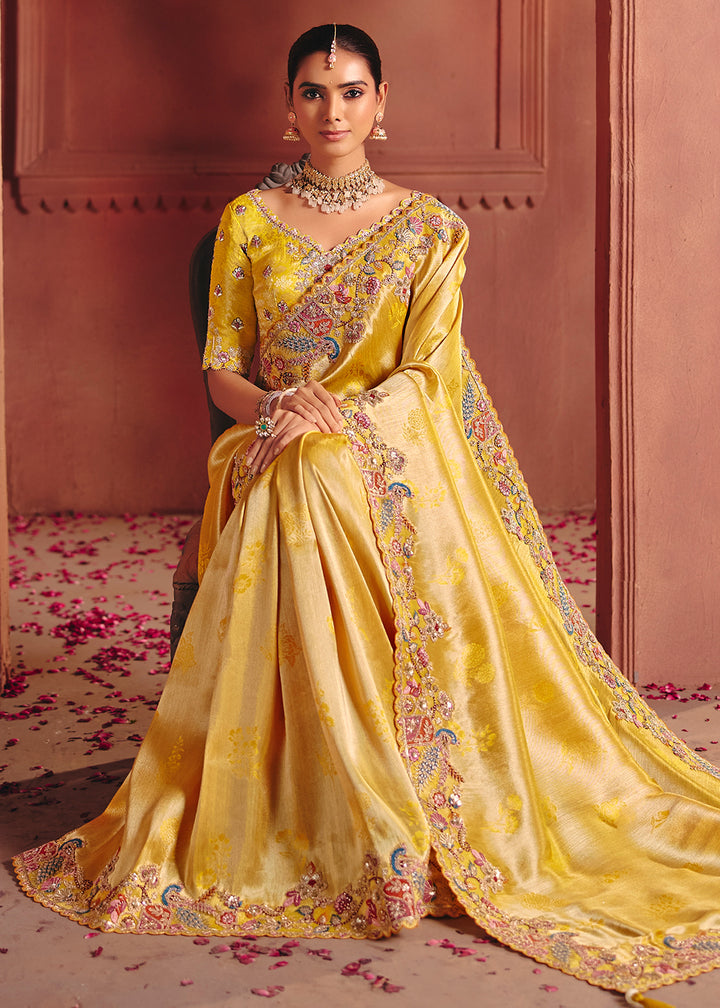 Buy Now Yellow Designer Style Embroidered Wedding Saree Online in US, UK, Canada, France, Germany, Denmark, Netherland, Sweden, UAE & Worldwide at Empress.