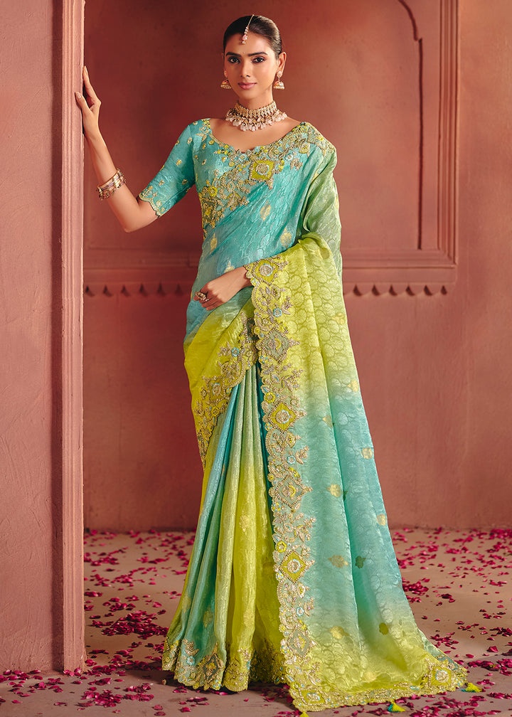 Buy Now Blue & Green Designer Style Embroidered Wedding Saree Online in US, UK, Canada, France, Germany, Denmark, Netherland, Sweden, UAE & Worldwide at Empress.