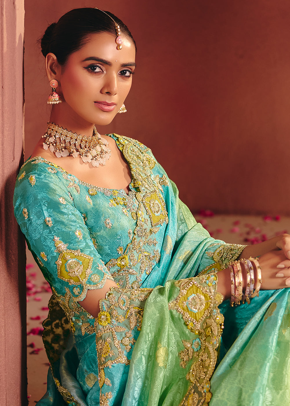 Buy Now Blue & Green Designer Style Embroidered Wedding Saree Online in US, UK, Canada, France, Germany, Denmark, Netherland, Sweden, UAE & Worldwide at Empress.