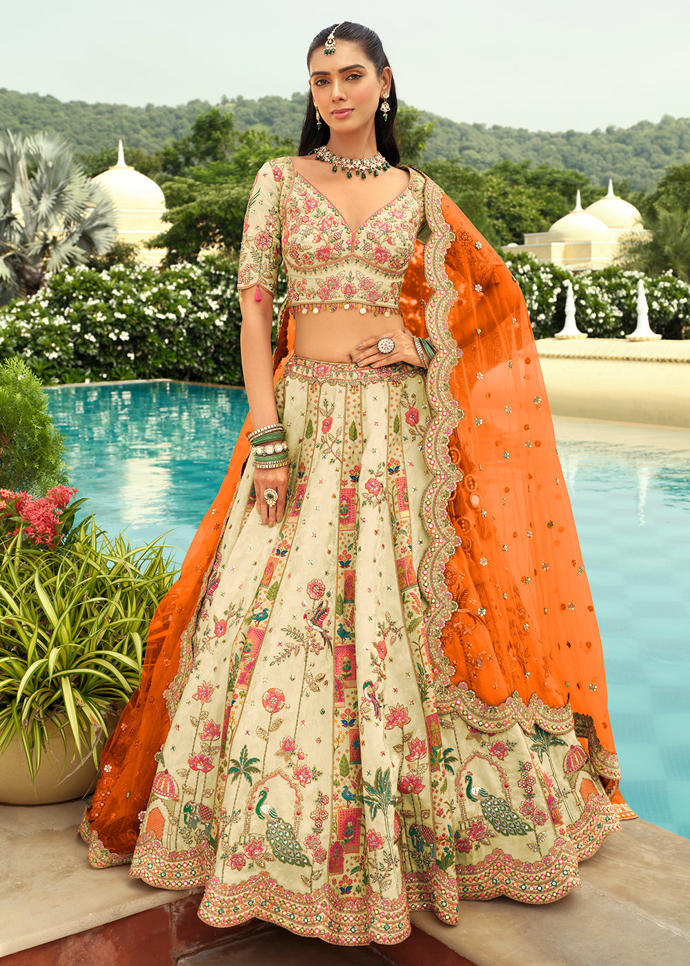 Buy Now Cream Silk with Embroidered Bridal Lehenga Choli Online in US, UK, Canada, France, Germany, Sweden, Denmark, Ireland, Greece & Worldwide at Empress.