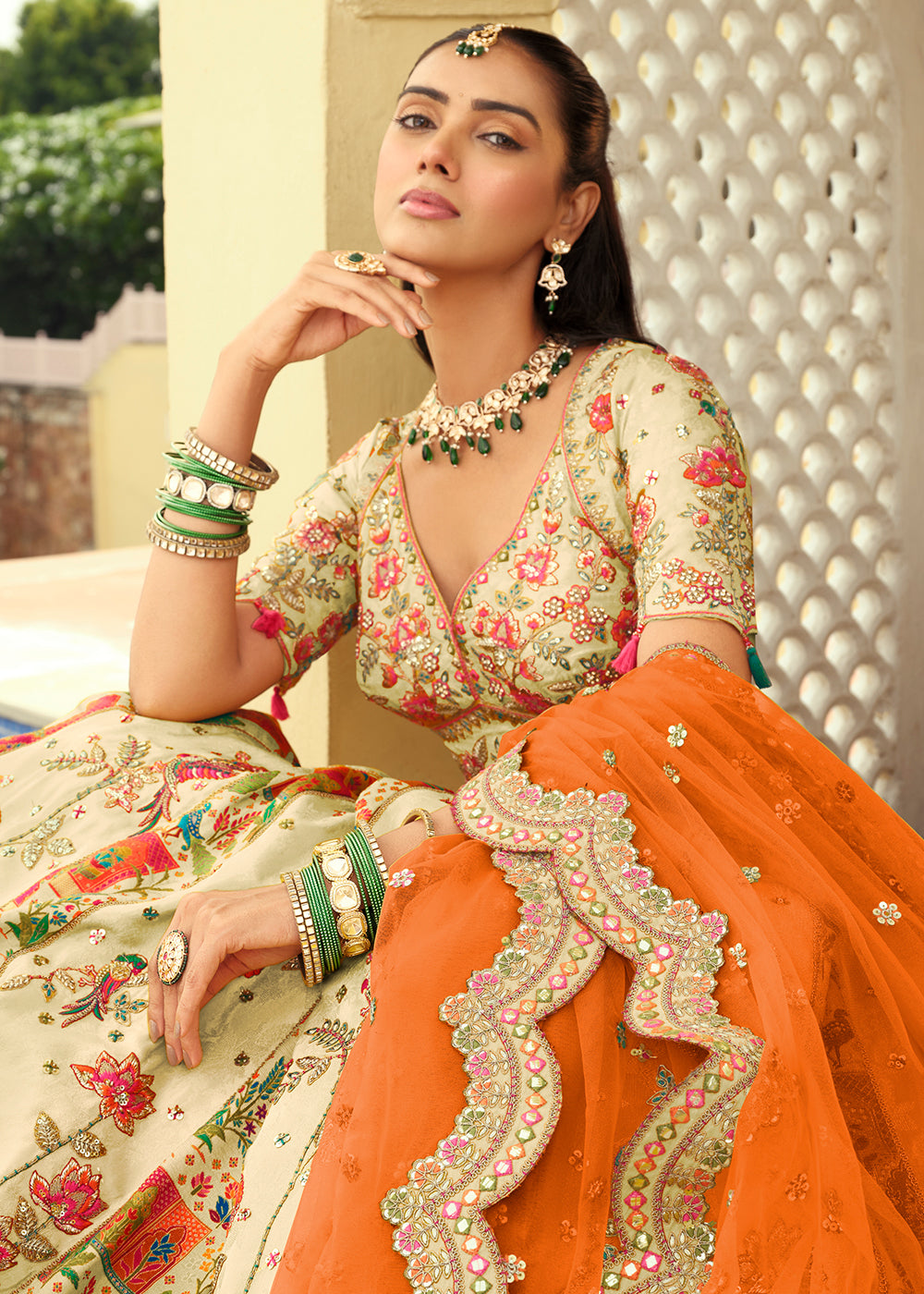 Buy Now Cream Silk with Embroidered Bridal Lehenga Choli Online in US, UK, Canada, France, Germany, Sweden, Denmark, Ireland, Greece & Worldwide at Empress.