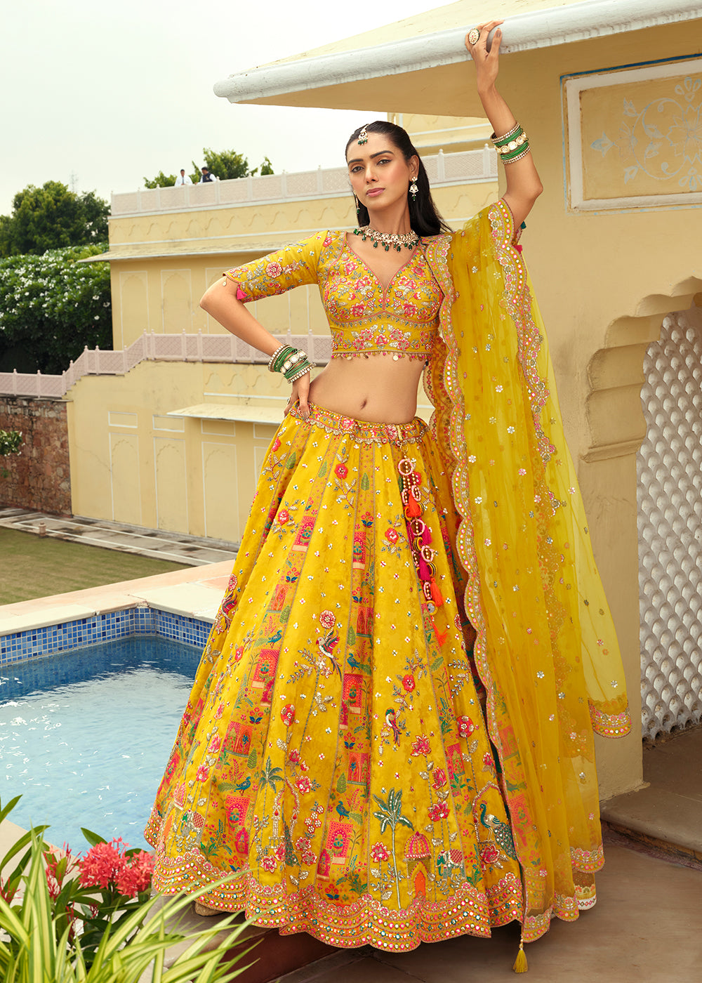 Buy Now Yellow Silk with Embroidered Bridal Lehenga Choli Online in US, UK, Canada, France, Germany, Sweden, Denmark, Ireland, Greece & Worldwide at Empress.