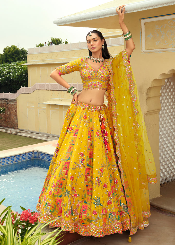Buy Now Yellow Silk with Embroidered Bridal Lehenga Choli Online in US, UK, Canada, France, Germany, Sweden, Denmark, Ireland, Greece & Worldwide at Empress.