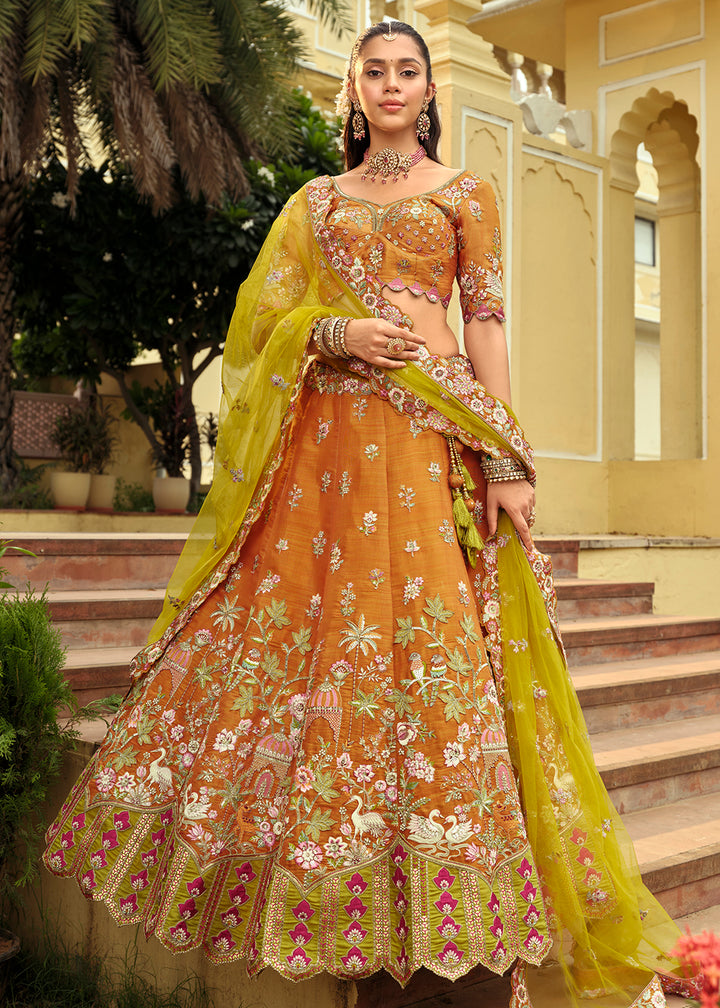 Buy Now Orange Silk with Embroidered Bridal Lehenga Choli Online in US, UK, Canada, France, Germany, Sweden, Denmark, Ireland, Greece & Worldwide at Empress.