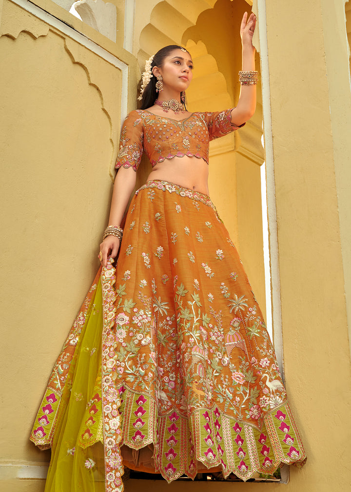 Buy Now Orange Silk with Embroidered Bridal Lehenga Choli Online in US, UK, Canada, France, Germany, Sweden, Denmark, Ireland, Greece & Worldwide at Empress.