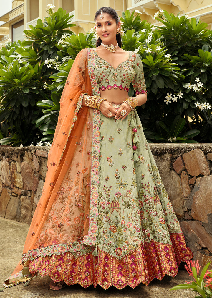 Buy Now Green Silk with Embroidered Bridal Lehenga Choli Online in US, UK, Canada, France, Germany, Sweden, Denmark, Ireland, Greece & Worldwide at Empress.