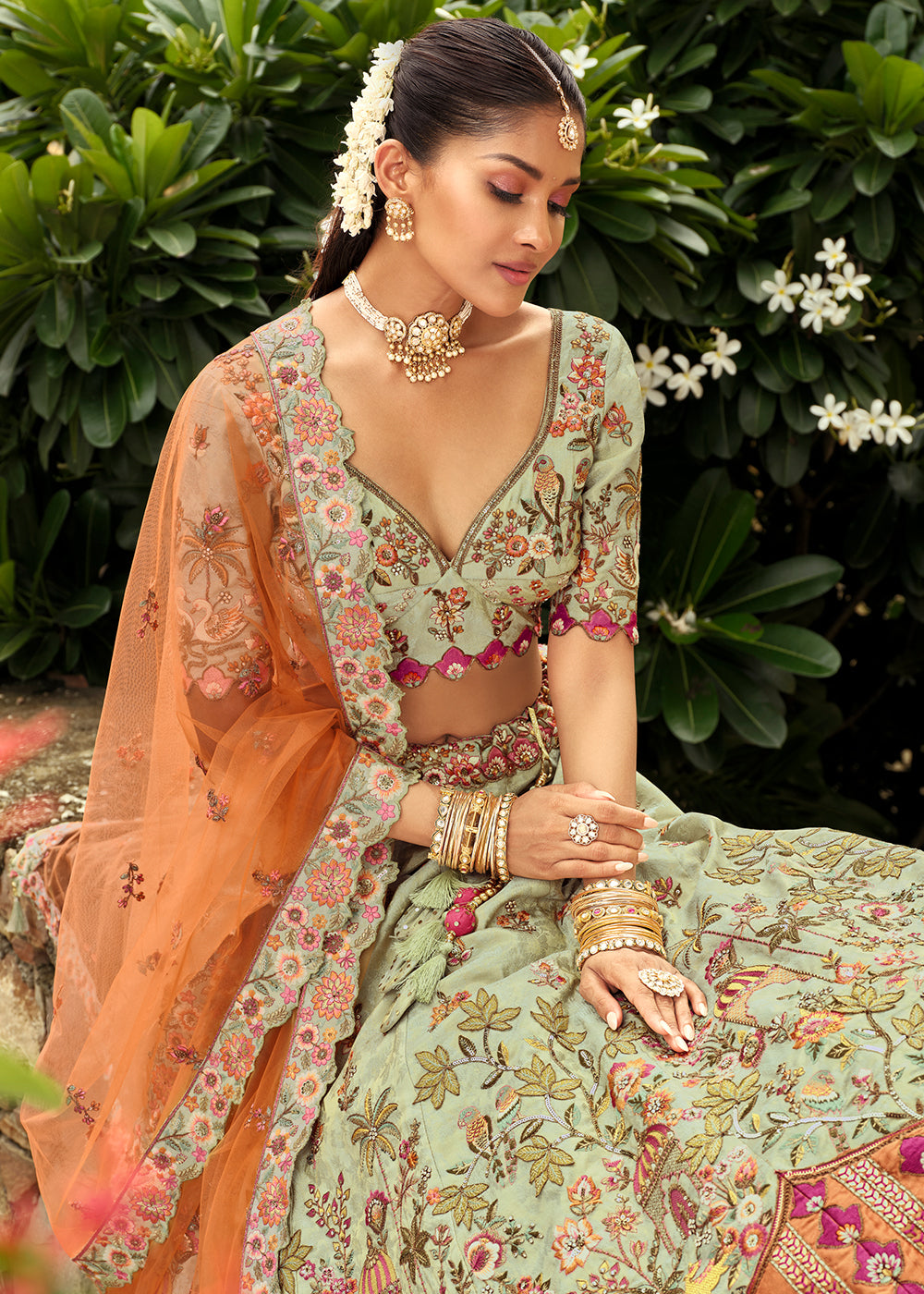 Buy Now Green Silk with Embroidered Bridal Lehenga Choli Online in US, UK, Canada, France, Germany, Sweden, Denmark, Ireland, Greece & Worldwide at Empress.