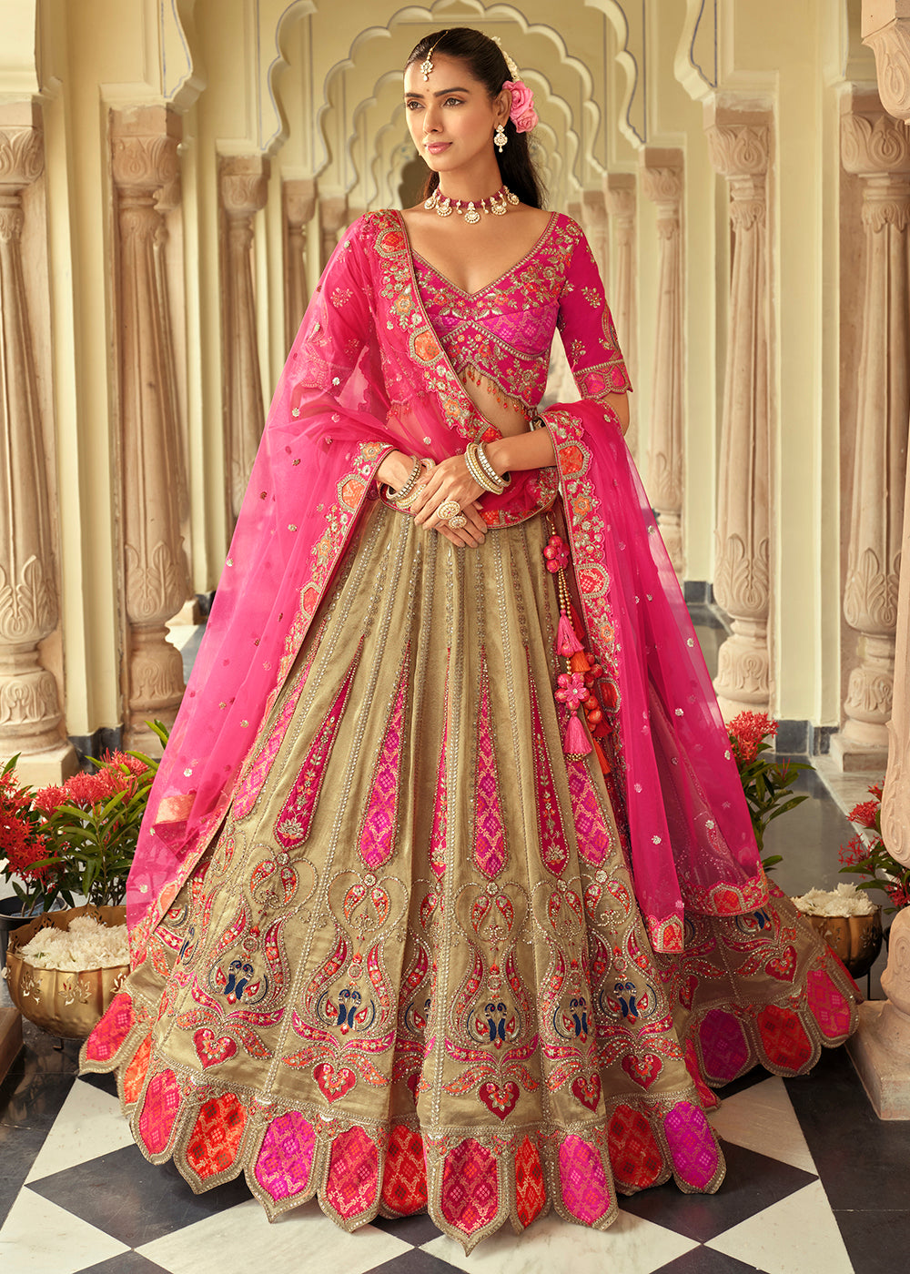 Buy Now Beige Silk with Embroidered Bridal Lehenga Choli Online in US, UK, Canada, France, Germany, Sweden, Denmark, Ireland, Greece & Worldwide at Empress.