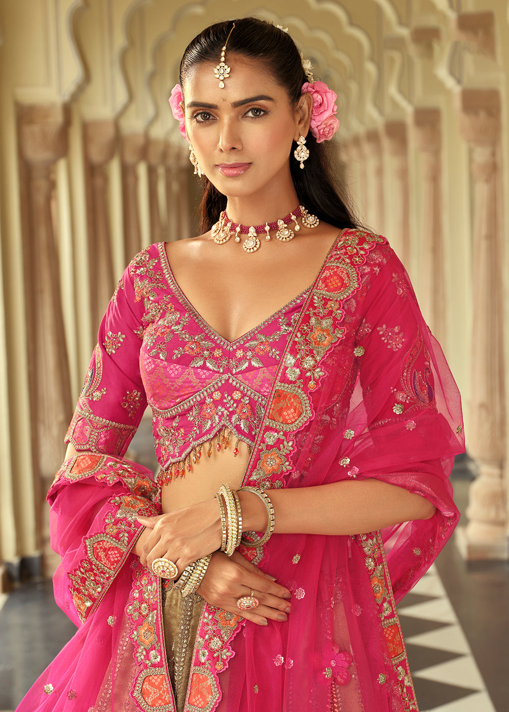 Buy Now Beige Silk with Embroidered Bridal Lehenga Choli Online in US, UK, Canada, France, Germany, Sweden, Denmark, Ireland, Greece & Worldwide at Empress.