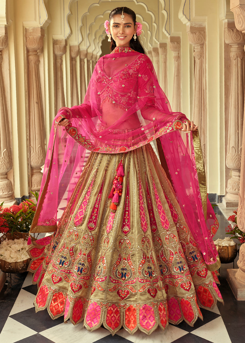 Buy Now Beige Silk with Embroidered Bridal Lehenga Choli Online in US, UK, Canada, France, Germany, Sweden, Denmark, Ireland, Greece & Worldwide at Empress.