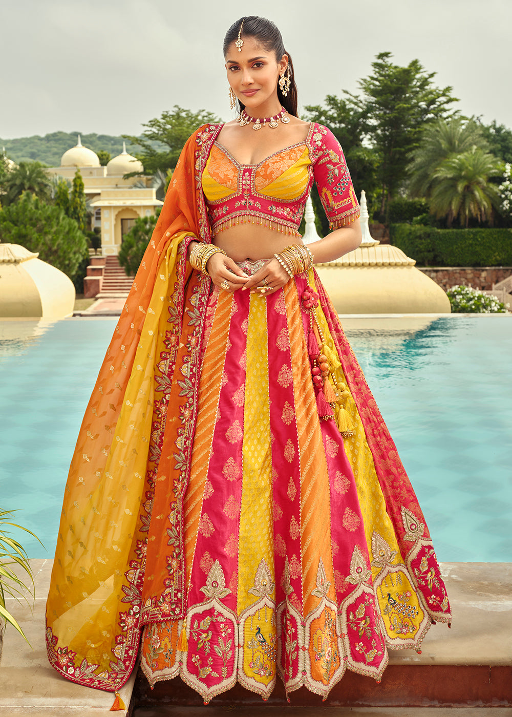 Buy Now Silk with Embroidered Multicolor Bridal Lehenga Choli Online in US, UK, Canada, France, Germany, Sweden, Denmark, Ireland, Greece & Worldwide at Empress
