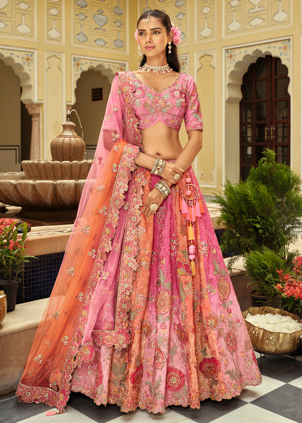 Buy Now Pink Silk with Embroidered Bridal Lehenga Choli Online in US, UK, Canada, France, Germany, Sweden, Denmark, Ireland, Greece & Worldwide at Empress.