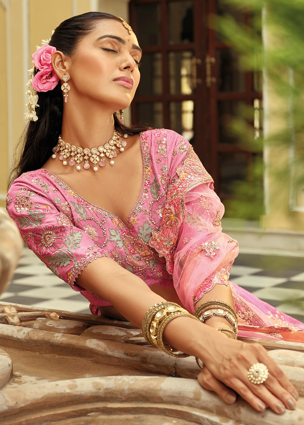 Buy Now Pink Silk with Embroidered Bridal Lehenga Choli Online in US, UK, Canada, France, Germany, Sweden, Denmark, Ireland, Greece & Worldwide at Empress.