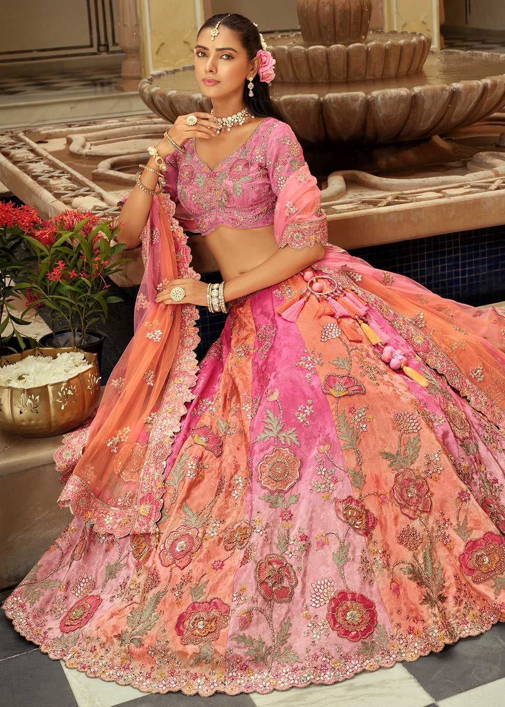 Buy Now Pink Silk with Embroidered Bridal Lehenga Choli Online in US, UK, Canada, France, Germany, Sweden, Denmark, Ireland, Greece & Worldwide at Empress.