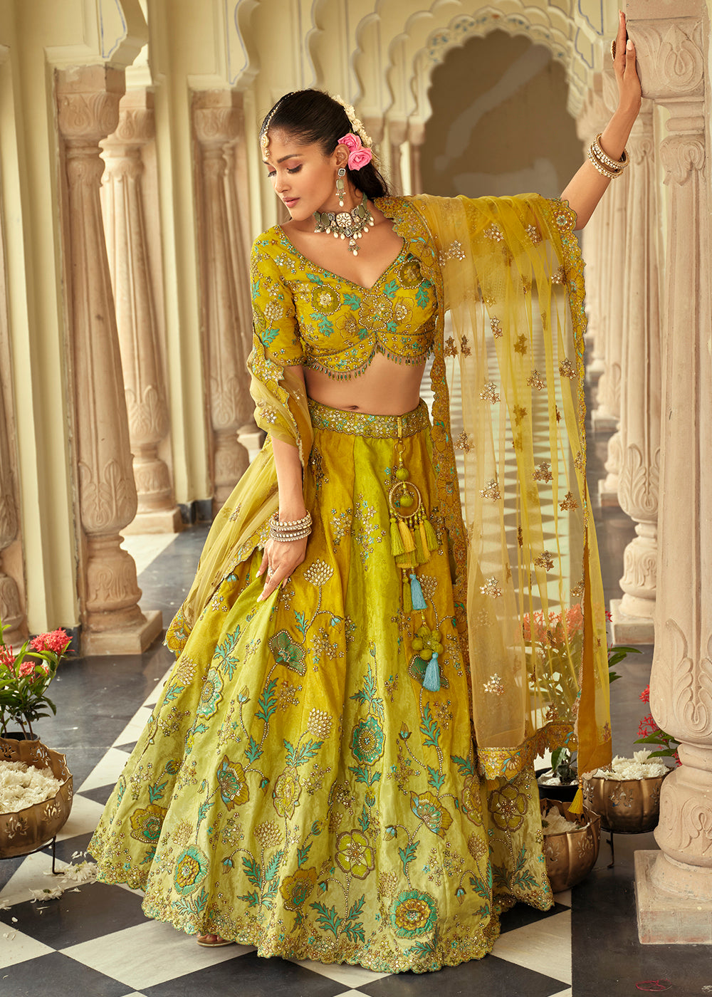 Buy Now Green Yellow Silk with Embroidered Bridal Lehenga Choli Online in US, UK, Canada, France, Germany, Sweden, Denmark, Ireland, UAE & Worldwide at Empress.