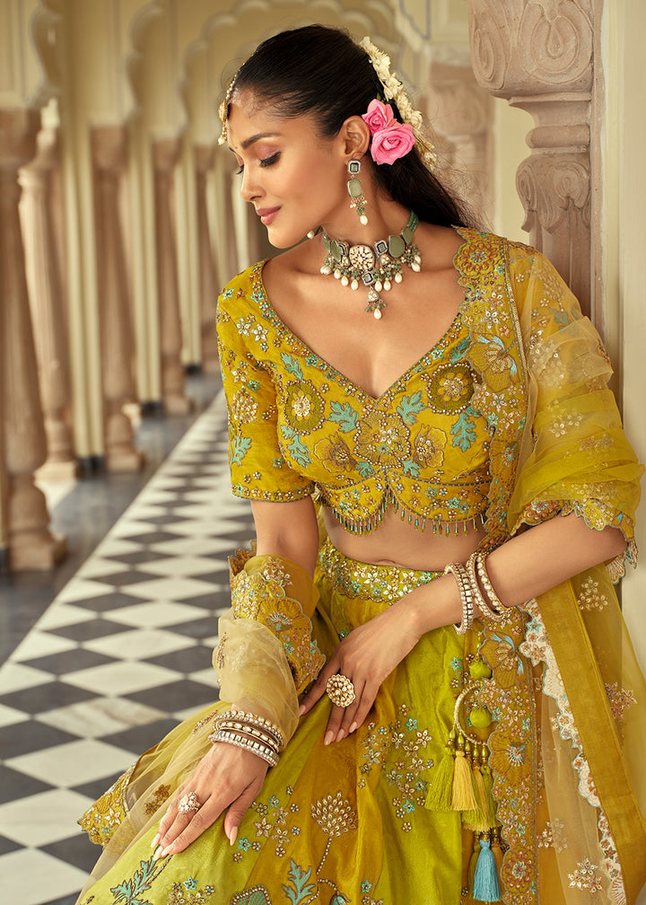 Buy Now Green Yellow Silk with Embroidered Bridal Lehenga Choli Online in US, UK, Canada, France, Germany, Sweden, Denmark, Ireland, UAE & Worldwide at Empress.