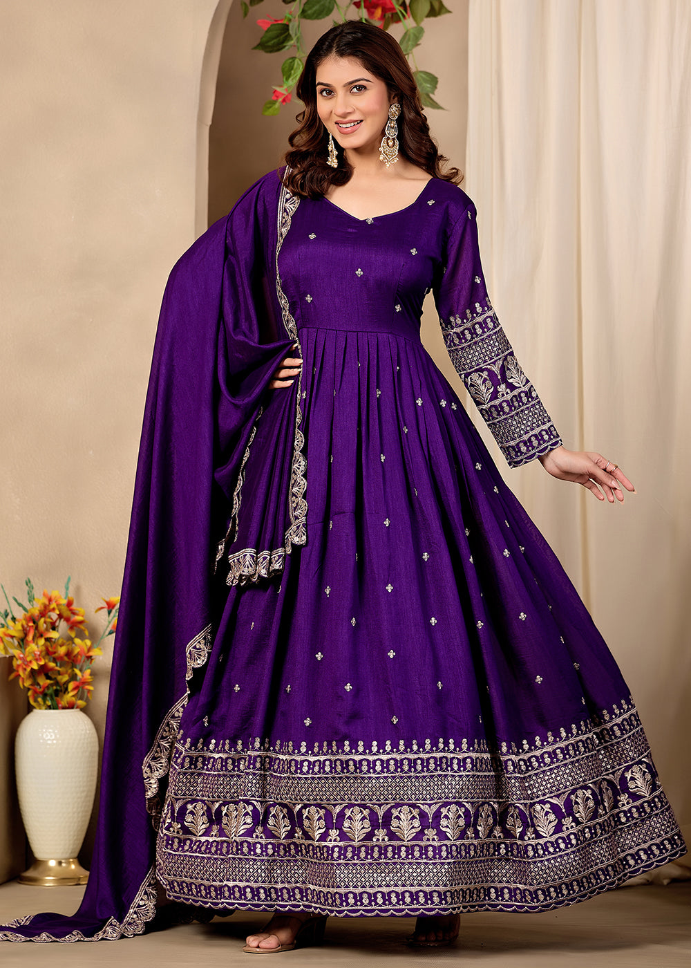 Buy Now Art Silk Purple Pretty Embroidered Work Festive Anarkali Gown Online in US, UK, Canada, France, Italy, Sweden, Ireland, Denmark &amp; Worldwide at Empress.
