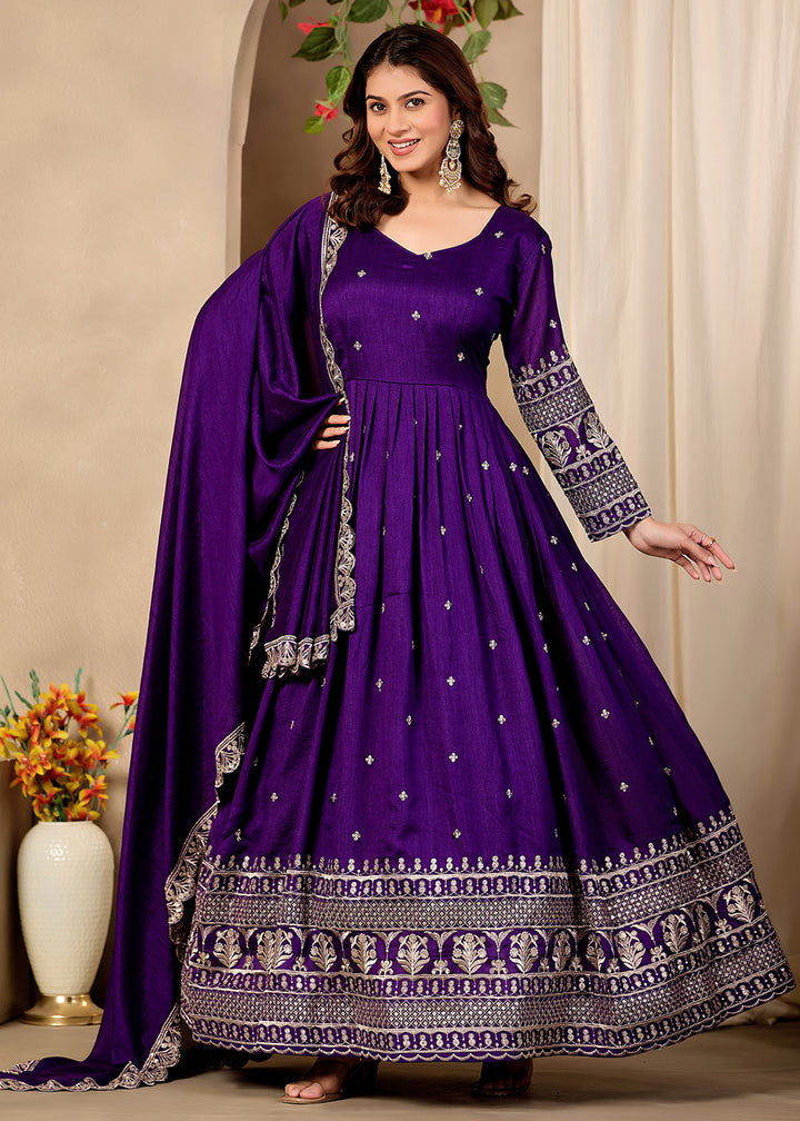 Buy Now Art Silk Purple Pretty Embroidered Work Festive Anarkali Gown Online in US, UK, Canada, France, Italy, Sweden, Ireland, Denmark &amp; Worldwide at Empress.