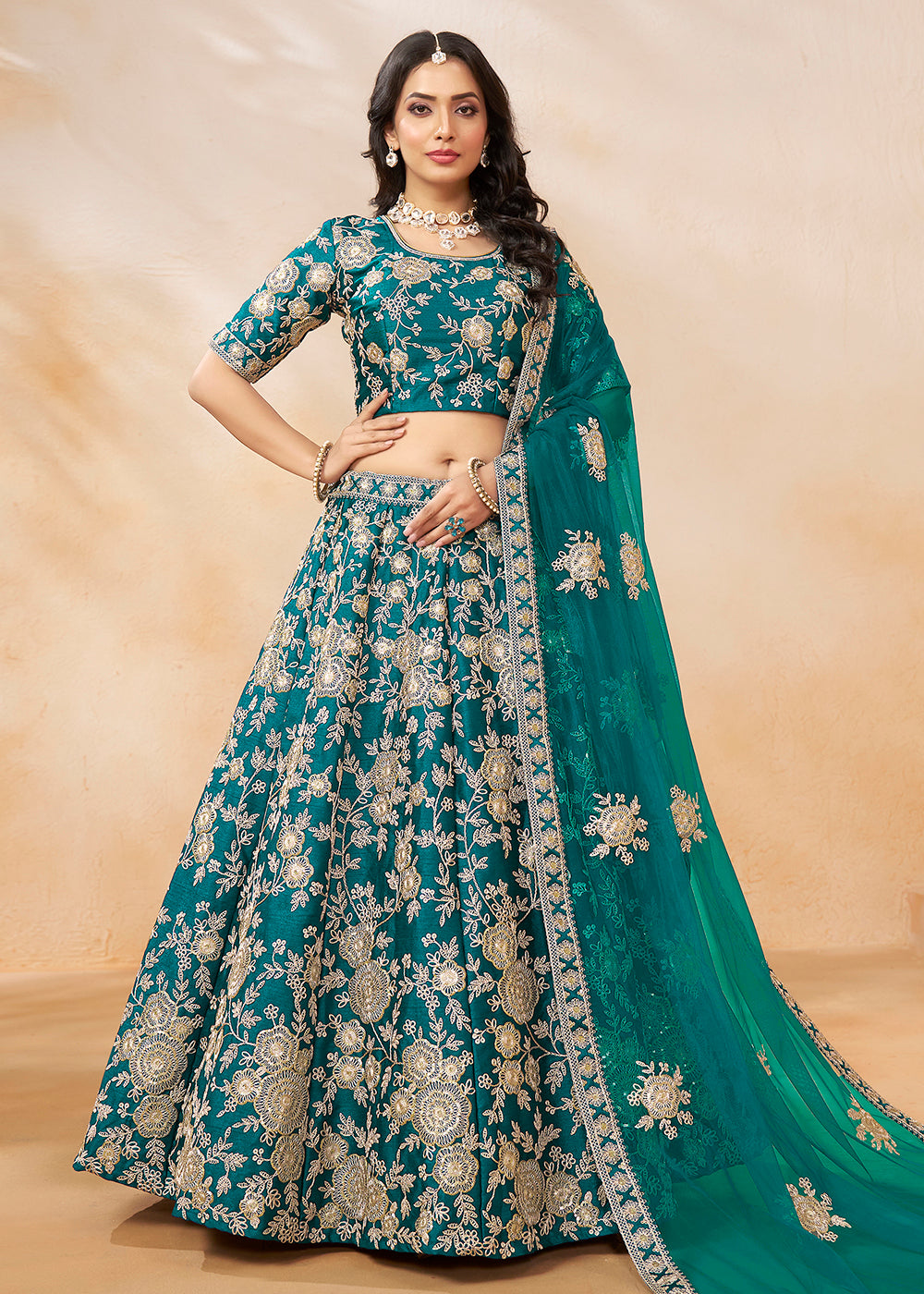 Buy Now Rama Green Embroidered Art Silk Wedding Lehenga Choli Online in USA, UK, Canada, UAE & Worldwide at Empress Clothing.