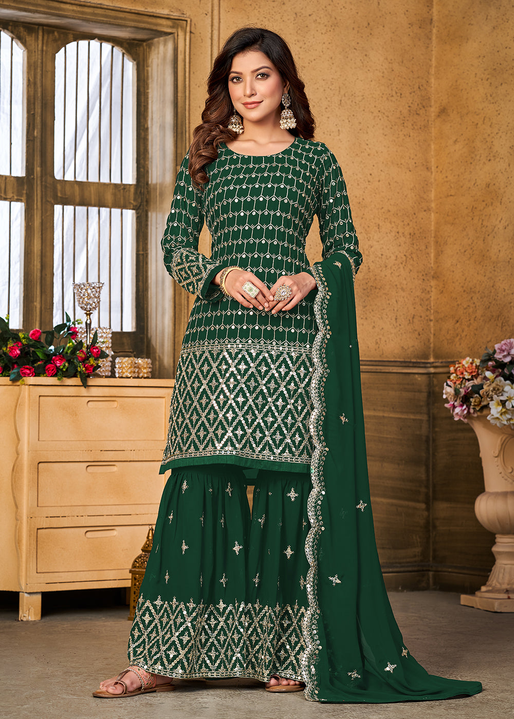 Shop Now Pretty Sequins Embroidered Green Festive Gharara Style Suit Online at Empress Clothing in USA, UK, Canada, Italy & Worldwide.