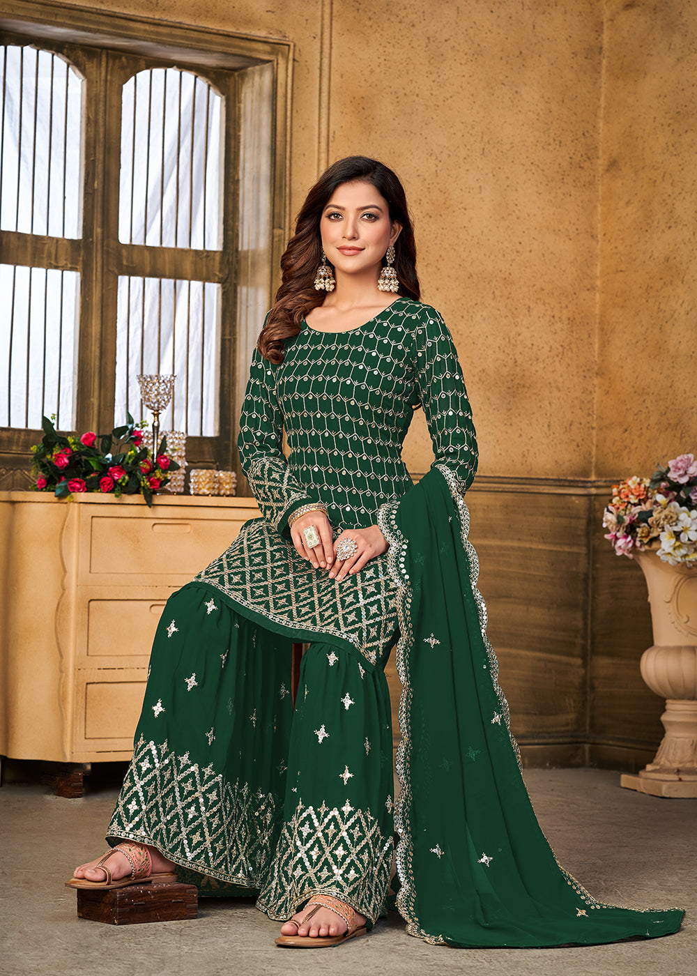 Shop Now Pretty Sequins Embroidered Green Festive Gharara Style Suit Online at Empress Clothing in USA, UK, Canada, Italy & Worldwide.