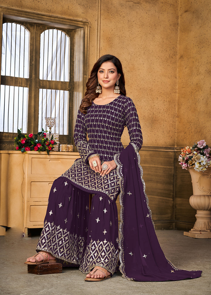 Shop Now Pretty Sequins Embroidered Purple Festive Gharara Style Suit Online at Empress Clothing in USA, UK, Canada, Italy & Worldwide. 