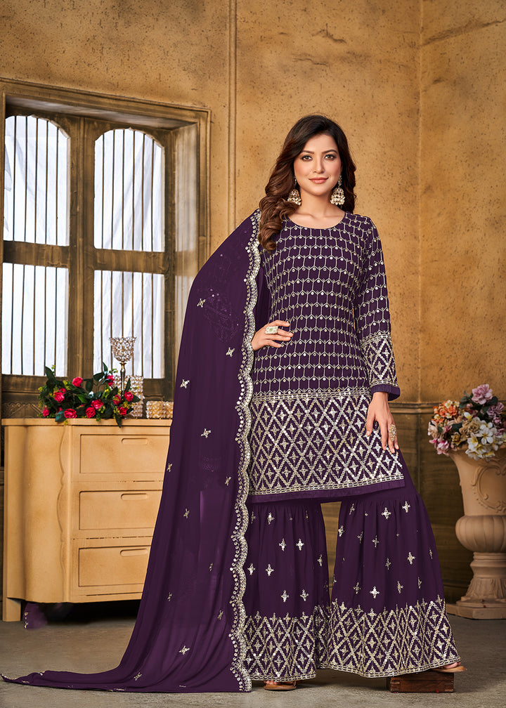 Shop Now Pretty Sequins Embroidered Purple Festive Gharara Style Suit Online at Empress Clothing in USA, UK, Canada, Italy & Worldwide. 