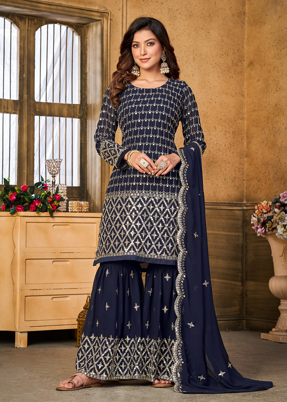 Shop Now Pretty Sequins Embroidered Blue Festive Gharara Style Suit Online at Empress Clothing in USA, UK, Canada, Italy & Worldwide.