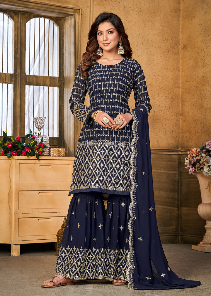Shop Now Pretty Sequins Embroidered Blue Festive Gharara Style Suit Online at Empress Clothing in USA, UK, Canada, Italy & Worldwide.