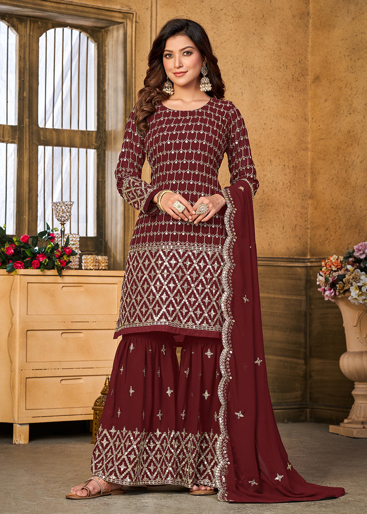 Shop Now Pretty Sequins Embroidered Maroon Festive Gharara Style Suit Online at Empress Clothing in USA, UK, Canada, Italy & Worldwide.