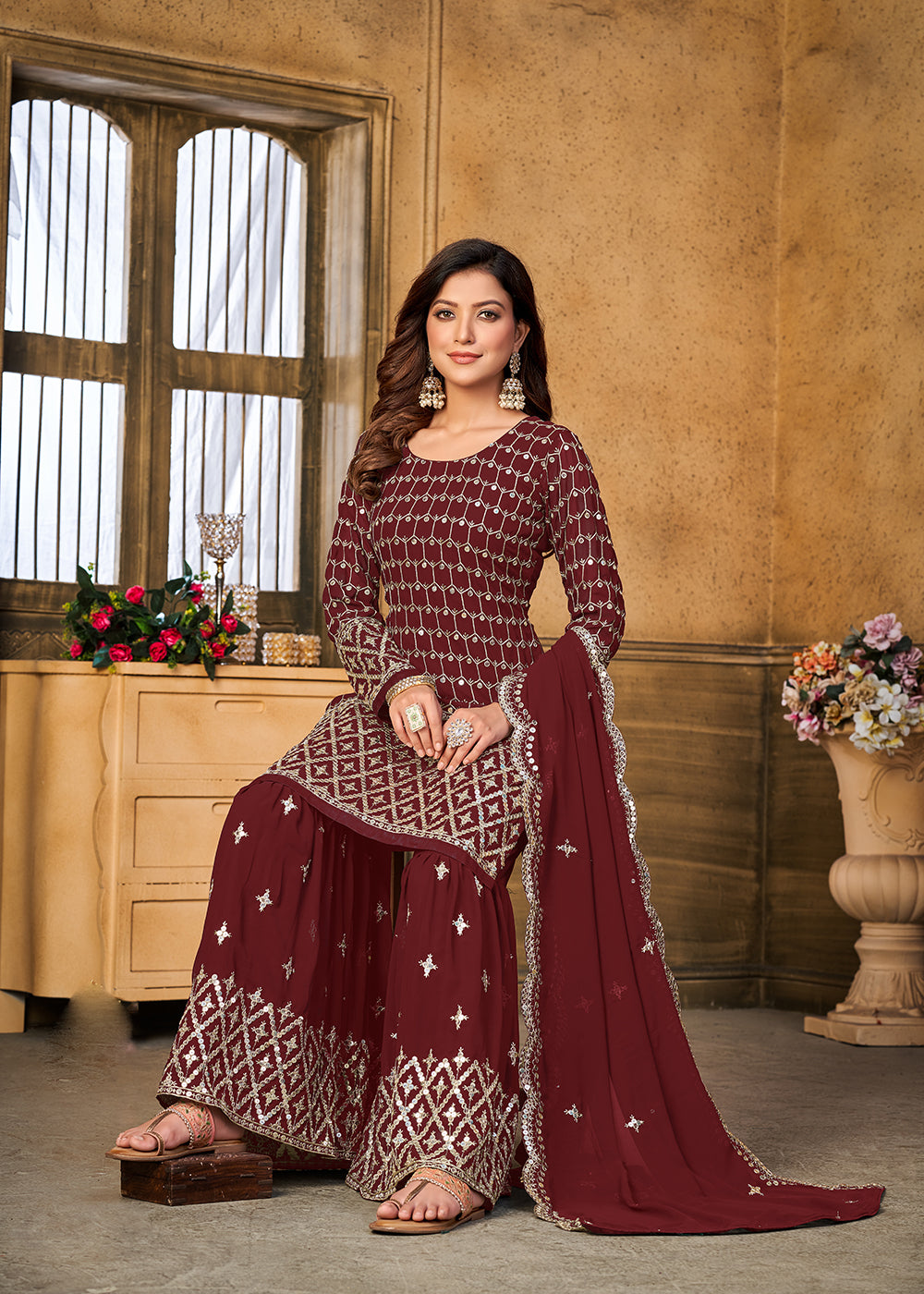 Shop Now Pretty Sequins Embroidered Maroon Festive Gharara Style Suit Online at Empress Clothing in USA, UK, Canada, Italy & Worldwide.