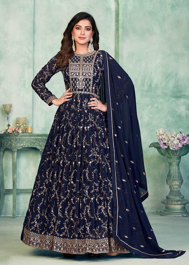 Buy Now Designer Navy Blue Embroidered Wedding Party Anarkali Suit Online in USA, UK, Australia, New Zealand, Canada & Worldwide at Empress Clothing. 