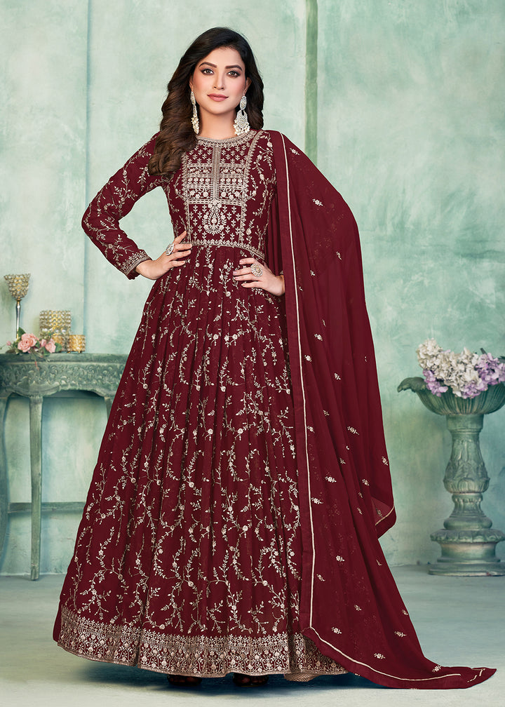 Buy Now Designer Maroon Embroidered Wedding Party Anarkali Suit Online in USA, UK, Australia, New Zealand, Canada & Worldwide at Empress Clothing.